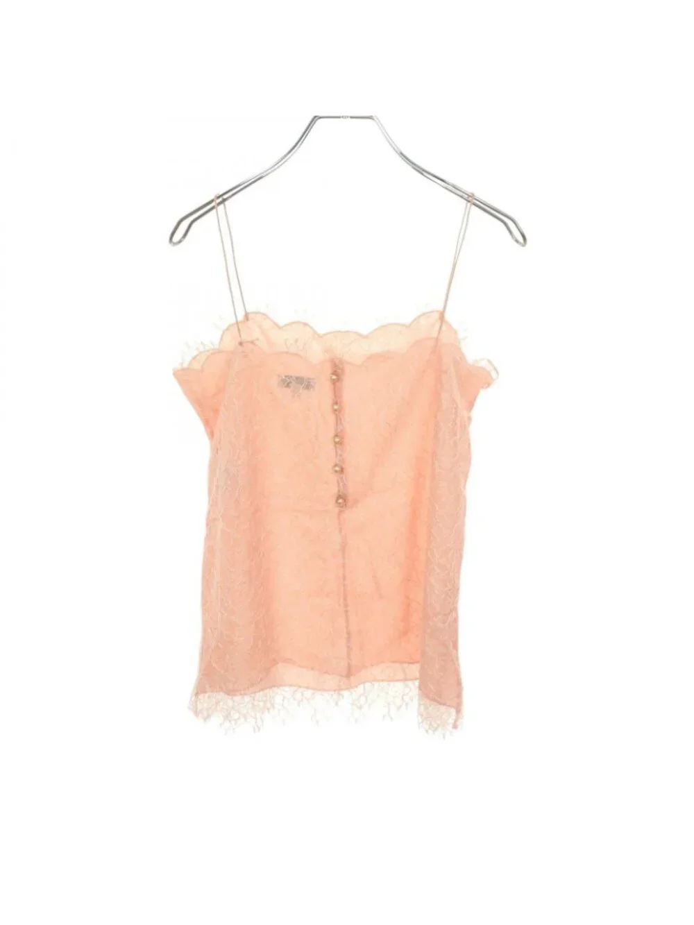 Chanel Camisole CC Logo Button Floral Pattern Full Lace Pink Rayon